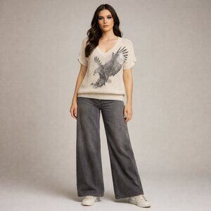 Free People Sz S Woven Loose Knit Top Short Sleeve Eagle V Neck Beachy Coastal